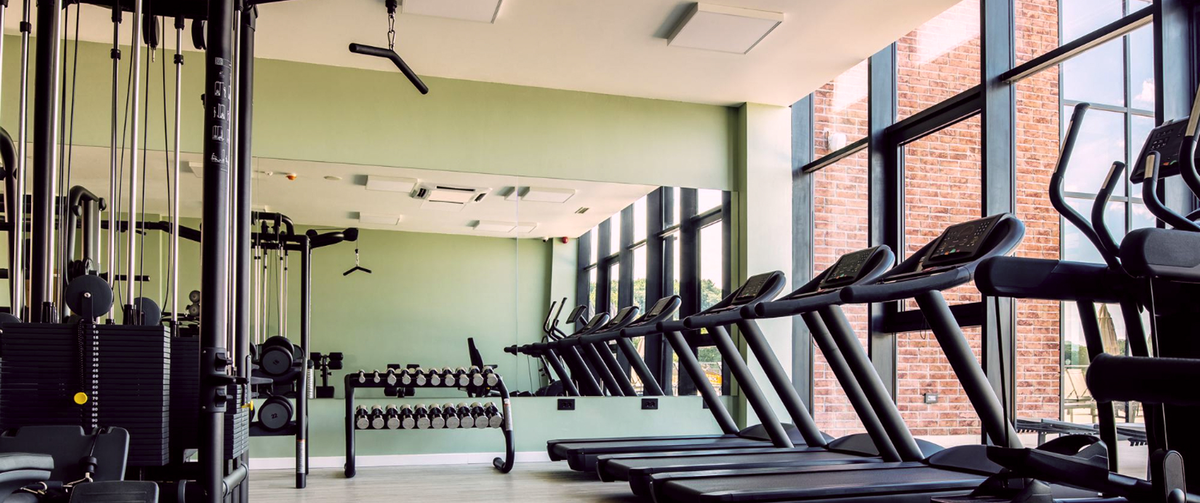 Фотография спортивного зала с большими панорамными окнами, вдоль которых стоят беговые дорожки, на перпендикулярной к окнам стене находится большое зеркало, перед которым располагается гантельный ряд, напротив гантельного ряда располагается блочный тренажёр